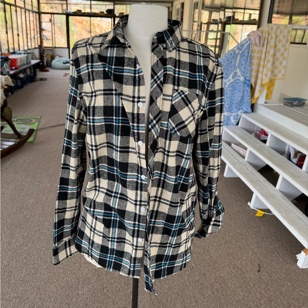 Plaid Button Down Shirt - Black and Cream